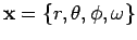 ${\mathbf x} = \{ r, \theta,
\phi, \omega \}$