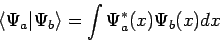 \begin{displaymath}
\langle \Psi_a \vert \Psi_b \rangle = \int \Psi_a^{*}(x) \Psi_b(x) dx
\end{displaymath}